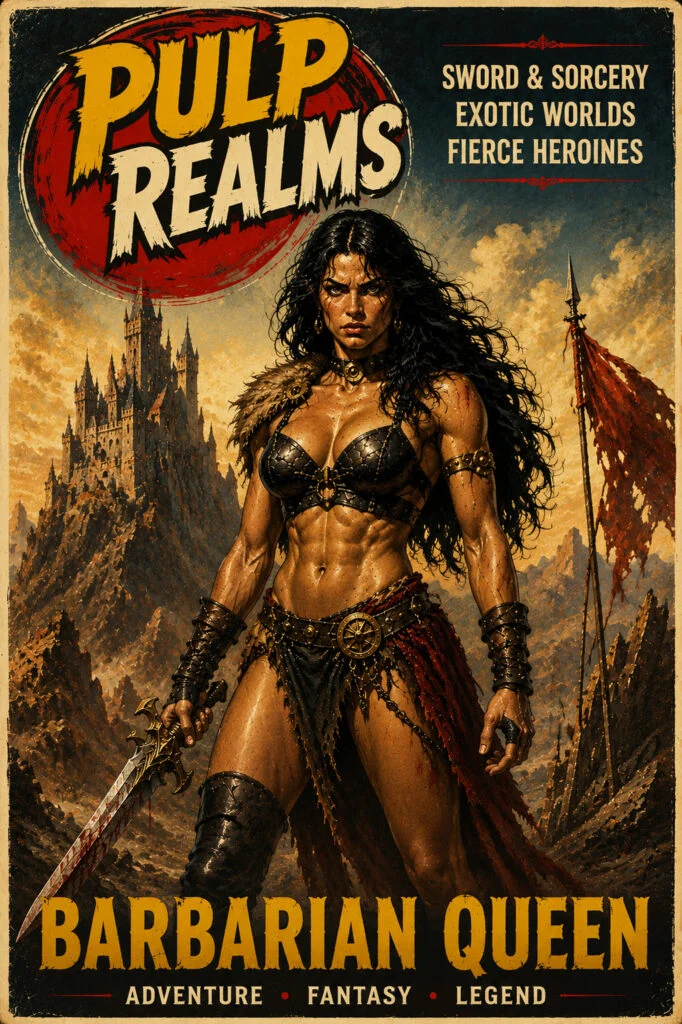 Pulp Realms cover featuring an armoured warrior queen, a sword and a distant fortress.