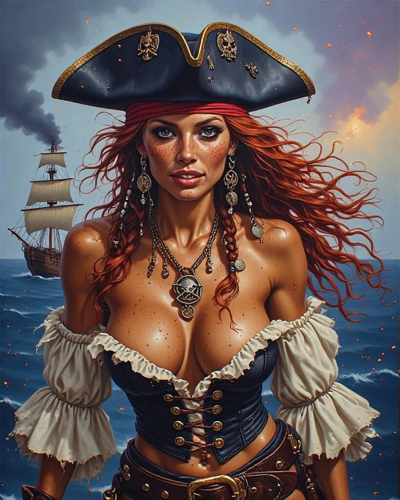 Red-haired pirate captain wearing a black tricorn and corset against a stormy sea.