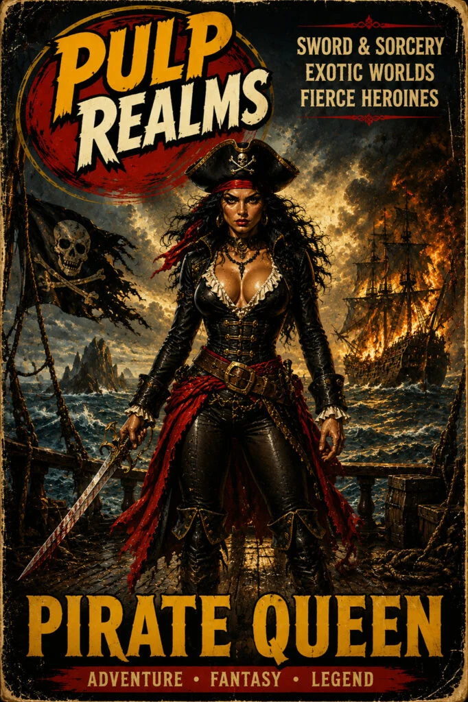 Pulp Realms cover with a pirate queen in a black coat, a sword and burning ships.