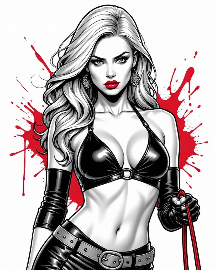 Black-and-white noir illustration of Scarlet Vale, with red lipstick and a cinematic red backdrop.