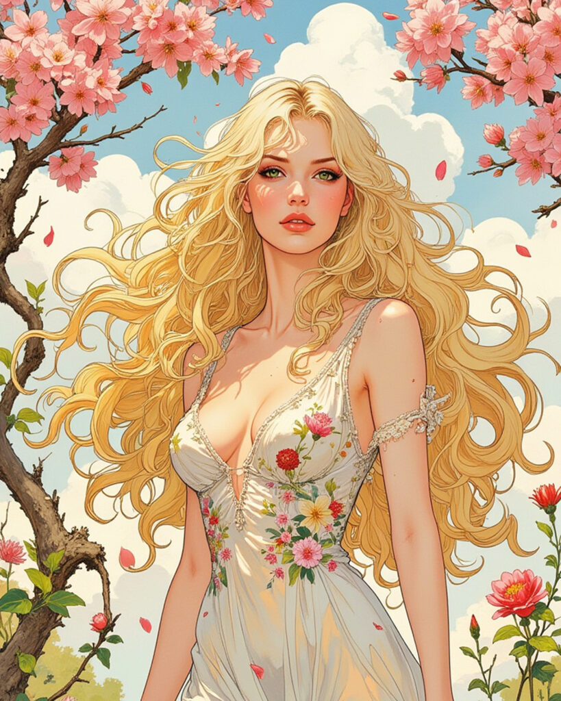 Fantasy princess with long golden hair standing under blooming cherry trees, romantic fairytale illustration